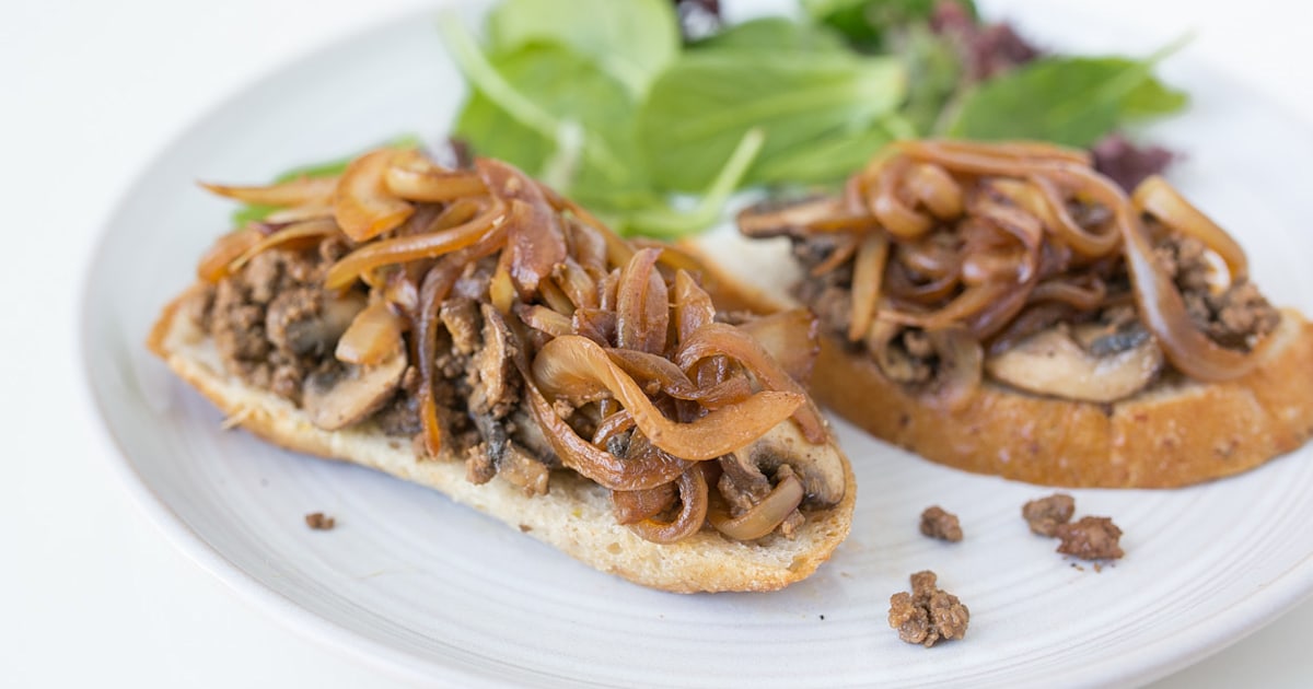Skillet Beef and Mushroom Toasts with Baby Kale Salad