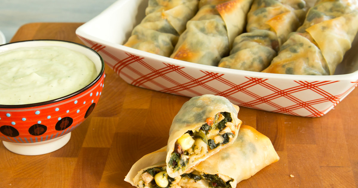 Baked Southwestern Egg Rolls with Avocado-Ranch Dip