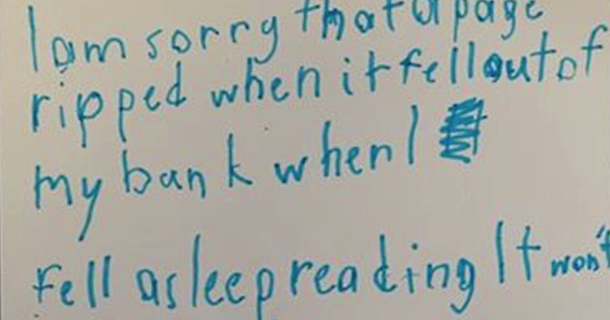 Sorry Letter Ripped Up Boy writes sweet apology note to library over ripped page
