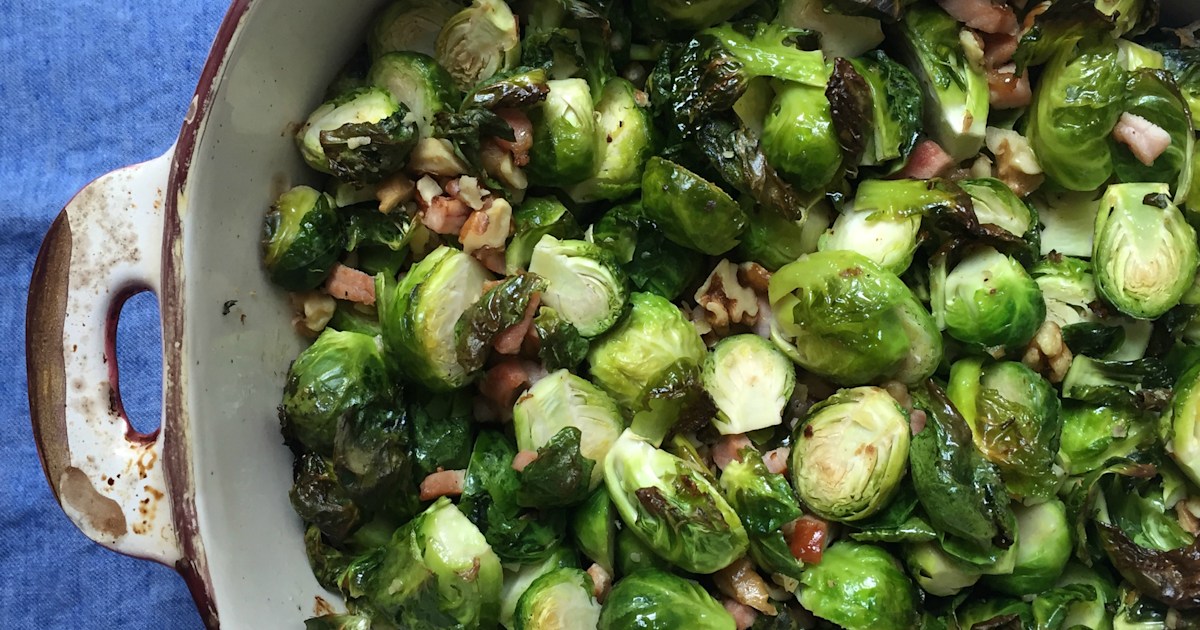 Roasted Brussels Sprouts with Walnuts and Canadian Bacon