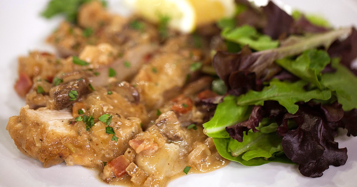 Chardonnay-Braised Chicken with Bacon, Thyme and Endive