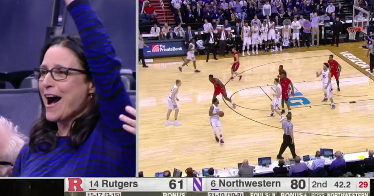 Northwestern superfan Julia LouisDreyfus cheers son Charlie in NCAA