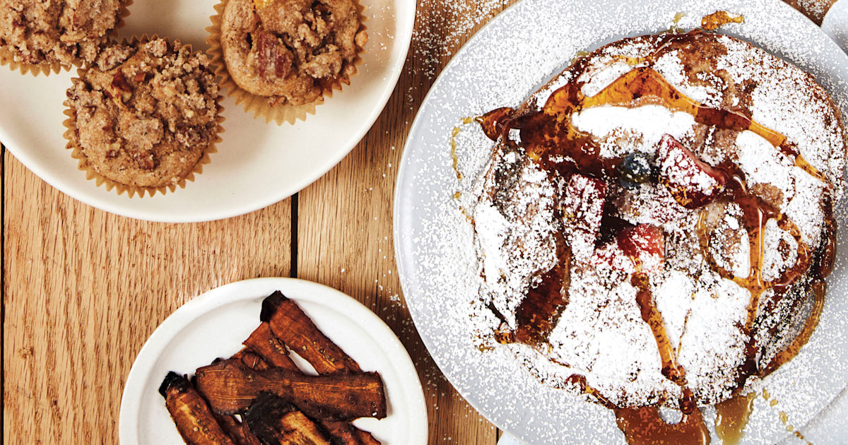 Vegan breakfast: Sweet potato pancakes, eggplant 'bacon' and peach muffins