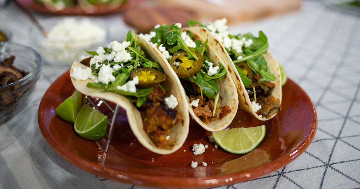 Bobby Flay's Eggplant Tacos with Goat Cheese and Hot Sauce Recipe
