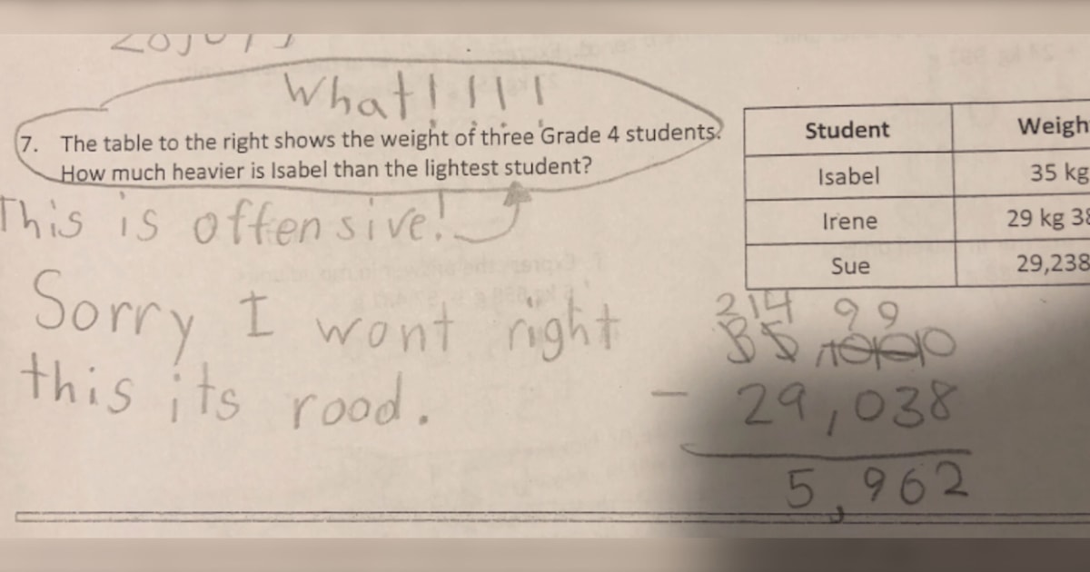 Fourth grader refuses to answer math question comparing girls' weight