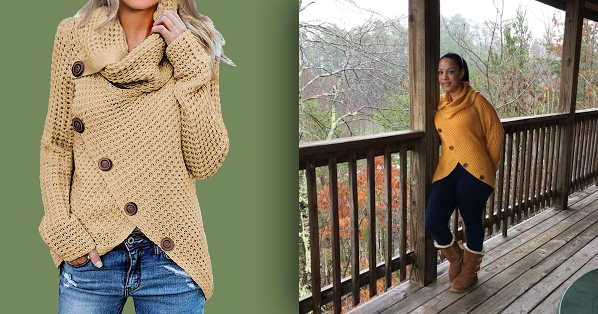Asvivid women's chunky turtle cowl neck asymmetric hem wrap hot sale sweater coat with button details