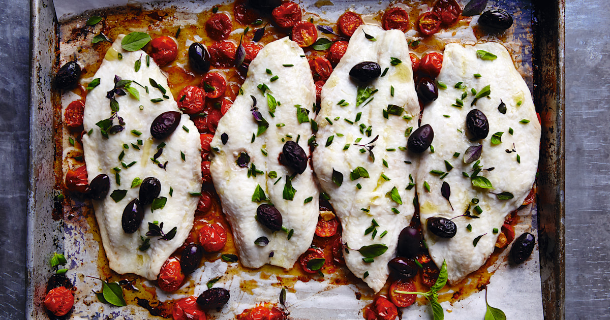 Sheet Pan Flounder with Roasted Tomatoes and Black Olives Recipe
