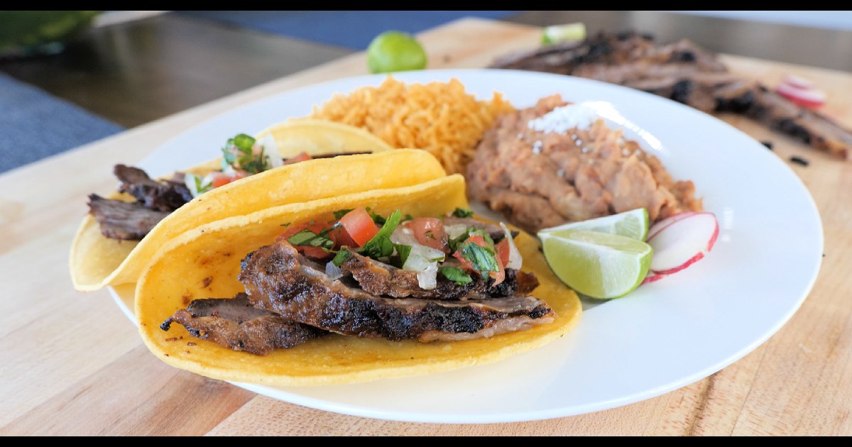 Skirt Steak Tacos with Refried Beans and Mexican Rice Recipe