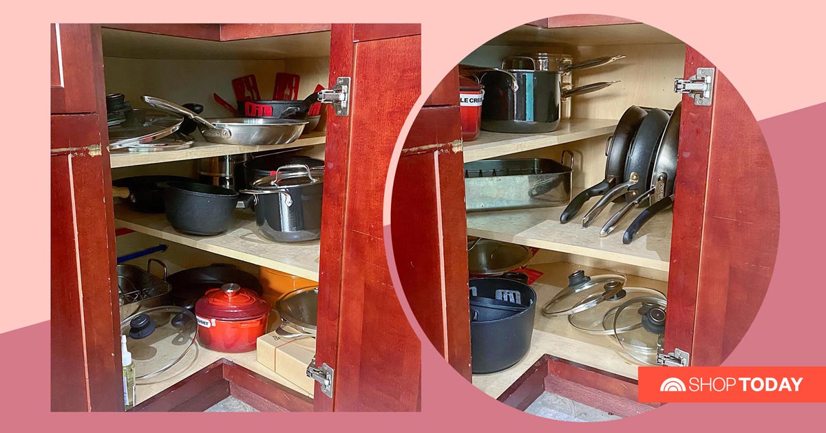 The Decobros Pan Organizer Shelf Rack, Kitchen Cabinet Pull Out Horizontal Pot Rack