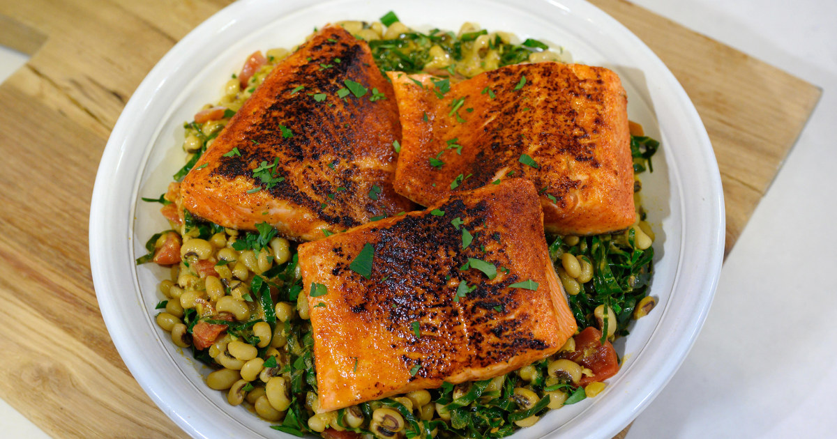 Blackened Salmon with Peas and Greens Recipe