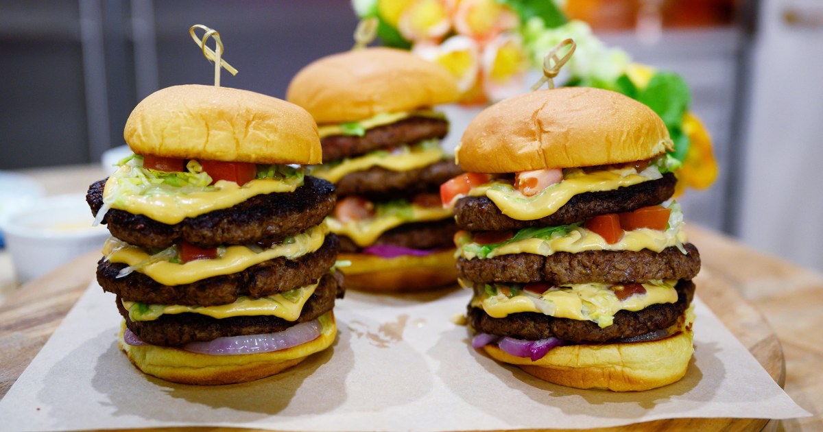 Alex Guarnaschelli tips tripledecker burgers with gooey, melty cheese