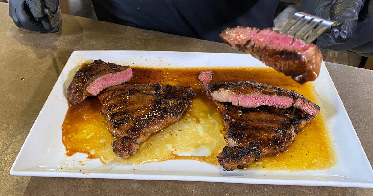 Pitmaster Myron Mixon grills up rib-eye steaks with a custom spice rub and sauce