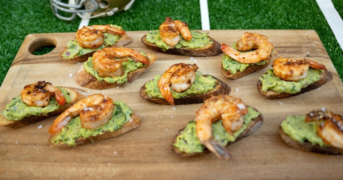 Serve shrimp and avocado crostini for an elevated game-day bite