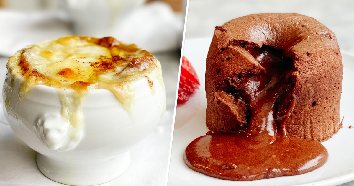 Romantic French recipes Onion soup gratinée and dark chocolate lava