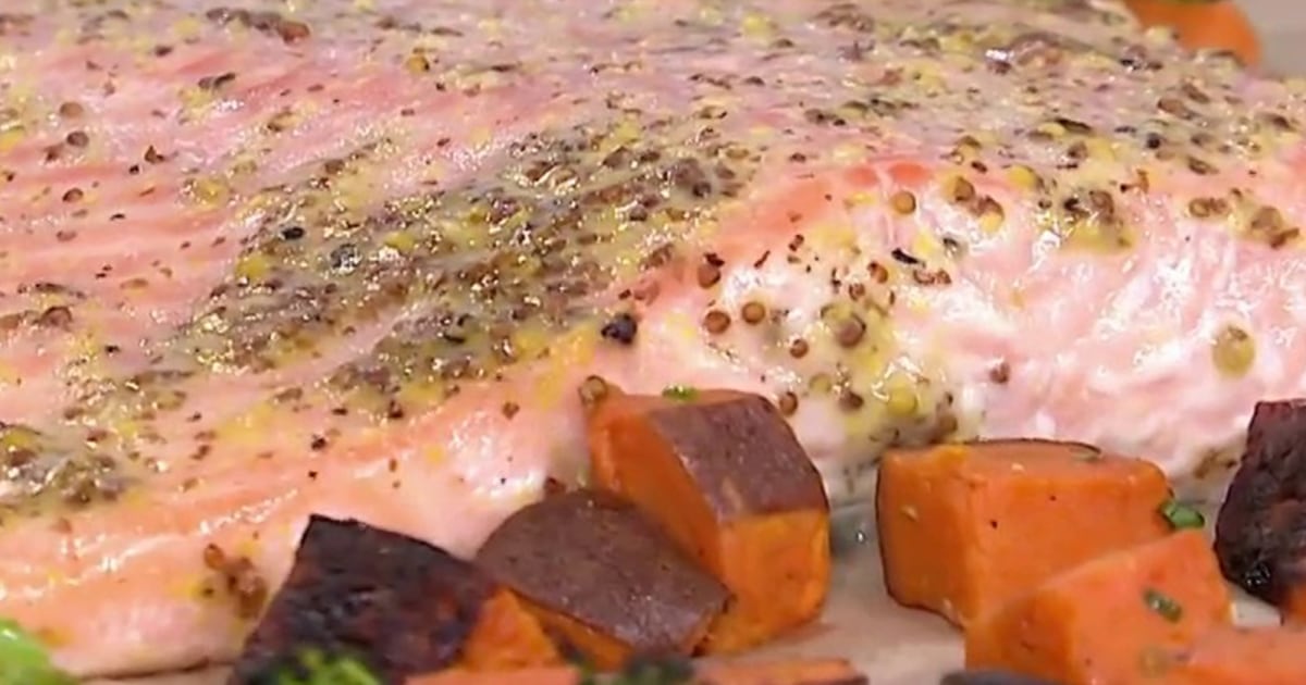 SheetPan Honey MustardGlazed Salmon with Broccoli and Sweet Potatoes