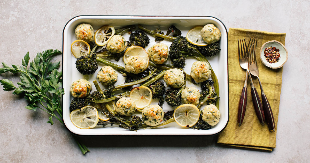 Baked Chicken and Ricotta Meatballs with Broccolini Recipe