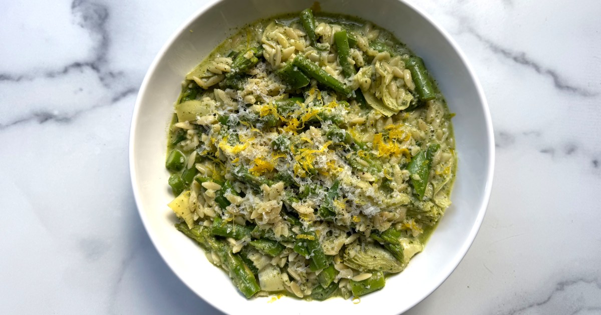 We like to enjoy our spring vegetables in a creamy risotto, but risotto is way too complicated for a weeknight. Enter this pesto orzo.
