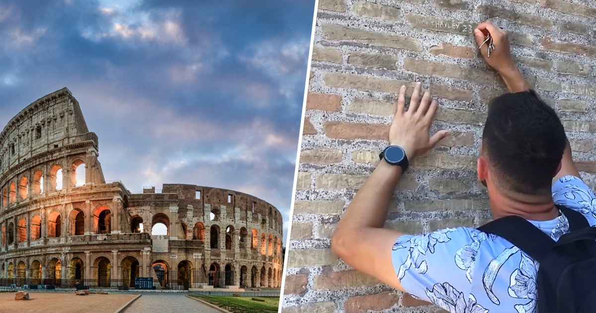 tourist carves name in colosseum wall