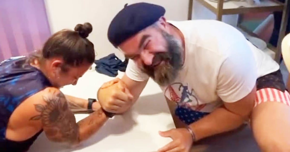 Jason Kelce Arm Wrestles Team USA Rugby Star Nicole Heavirland at Paris  Olympics