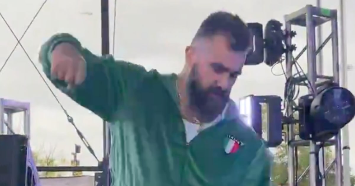 Jason Kelce dances on stage before the Eagles game against the Atlanta Falcons