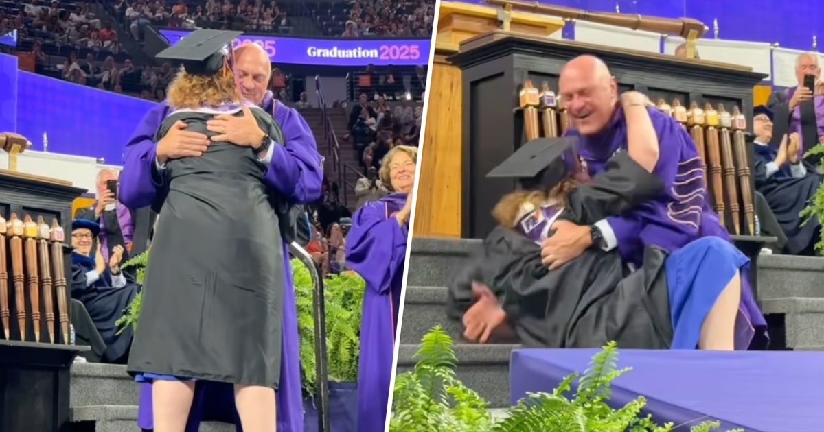 College president is knocked to the ground by enthusiastic student during graduation - his own daughter