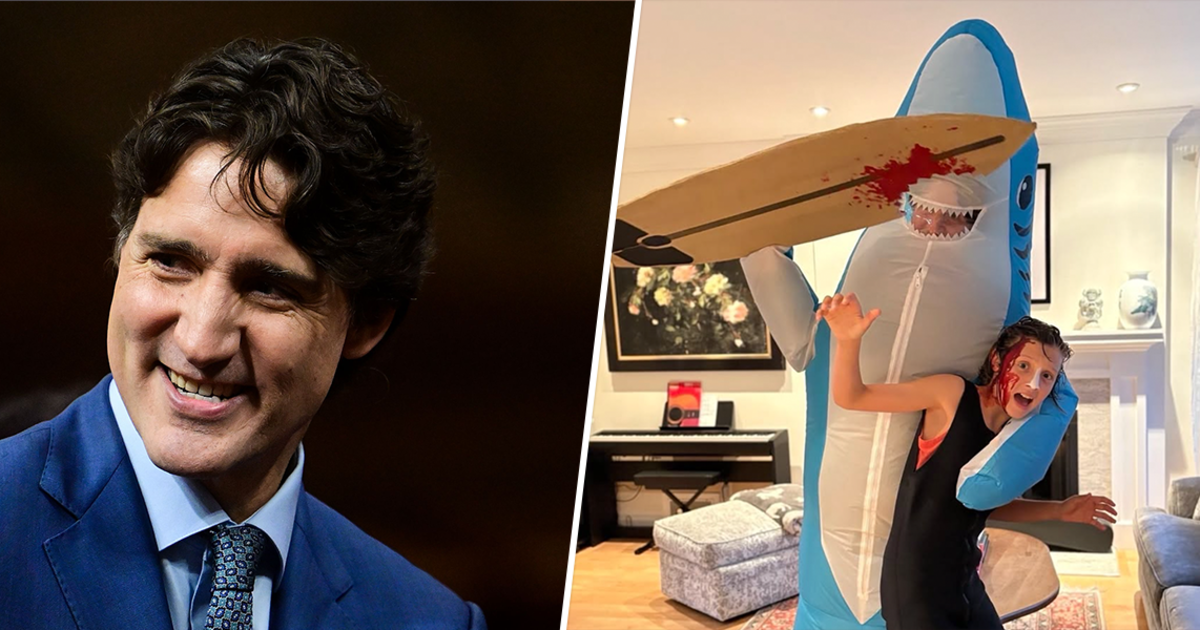 Justin Trudeau in Left Shark Halloween Costume with his son