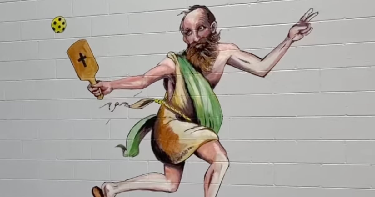 Andie Williams was helping coach her son's soccer team in a local church gym when she spotted them: two epic paintings of Biblical figures playing modern sports.