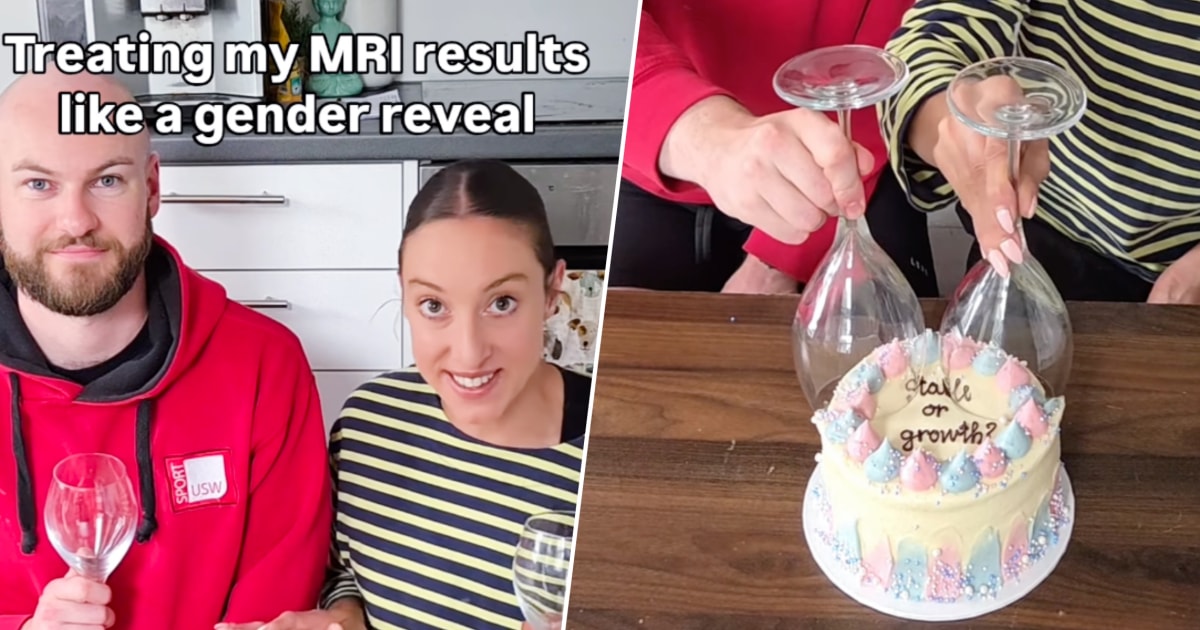Content creator Abi Feltham is lightening the weight of her brain cancer journey with some social media-based levity, revealing her MRI results in the form of a "gender reveal" cake.