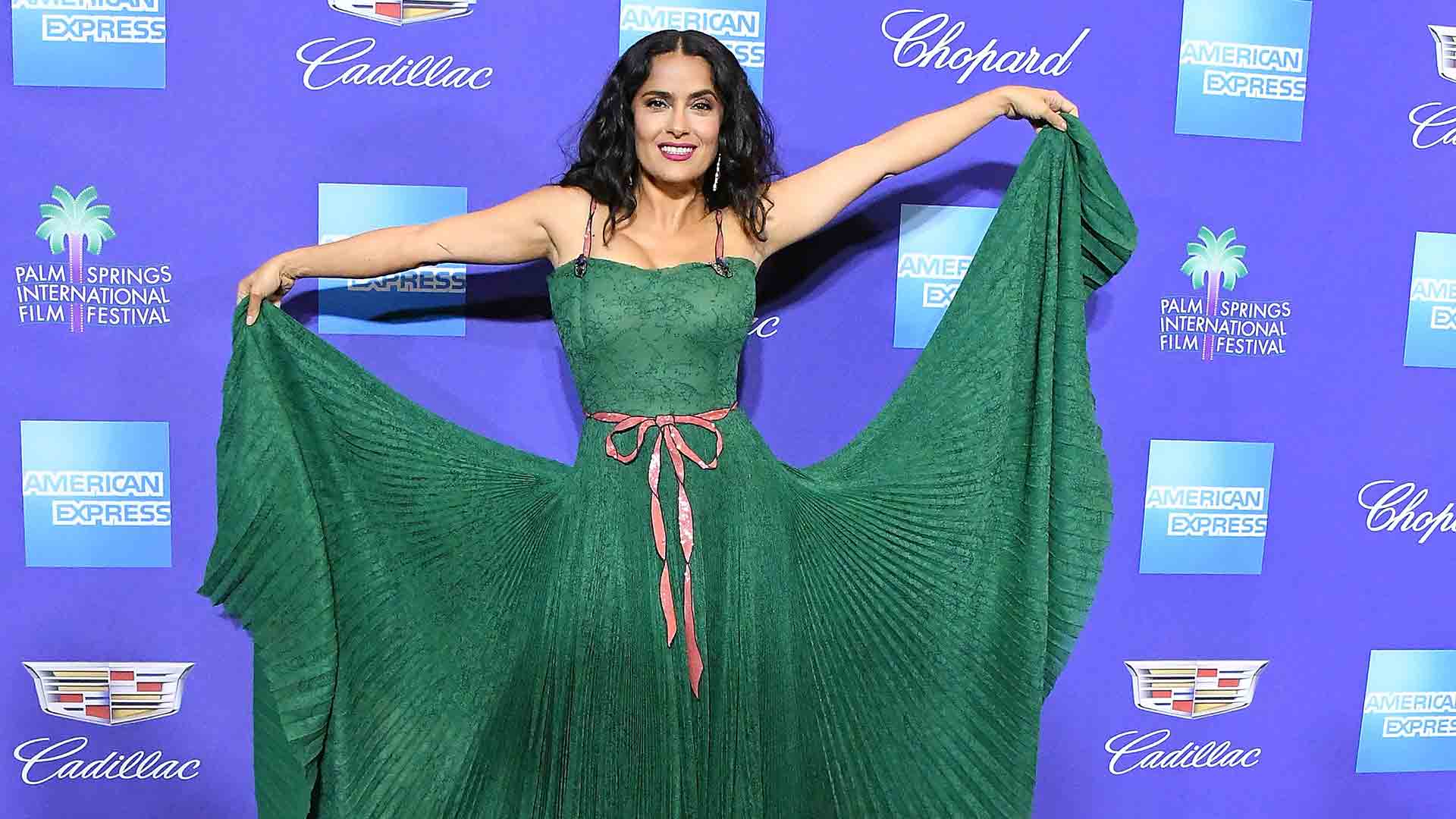 salma hayek green dress Slays Palm Springs International Film Festival in Gucci Gown: See Photos Here Live